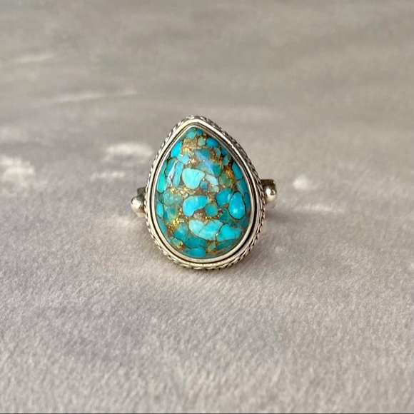 Blue Turquoise Copper Sterling Silver Ring Size 7 - Picture 6 of 10